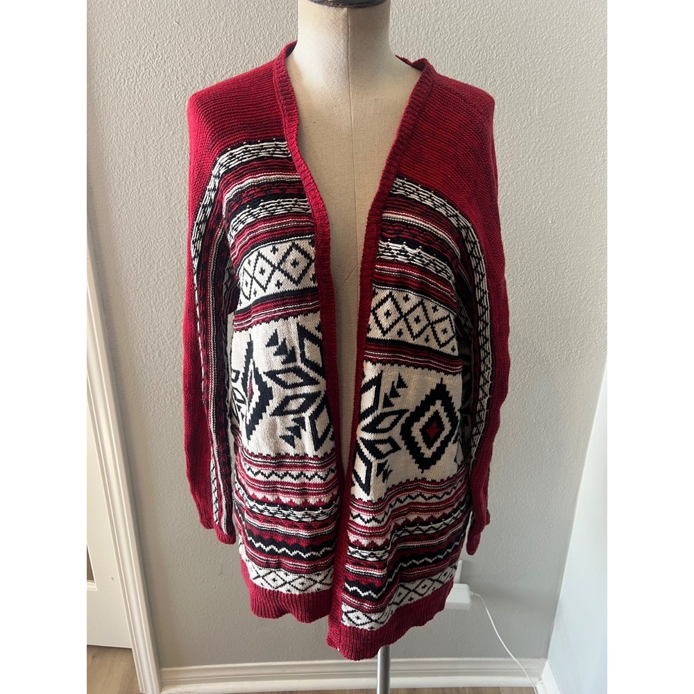 Mossimo Supply Co Women XS Open Front Cardigan Red Black Aztec Southwestern Knit